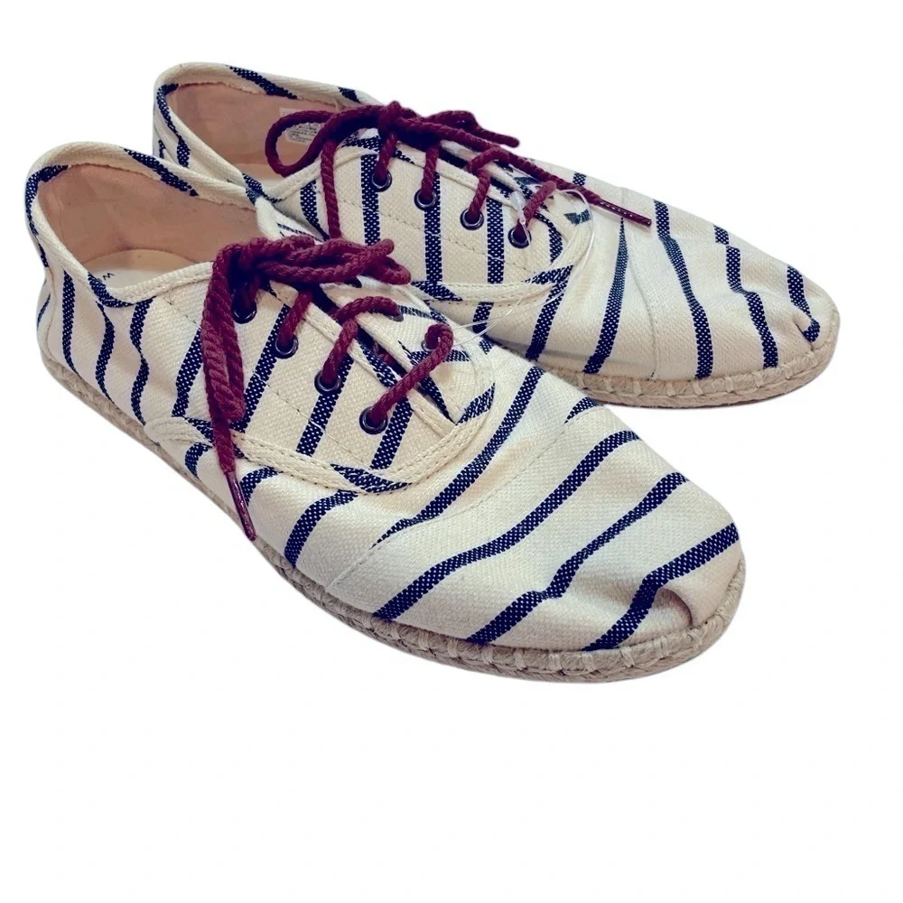 TOMS cream striped espadrille canvas lace up summer sneakers size 8.5
